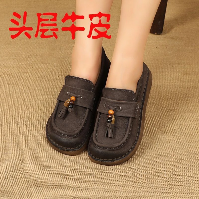 复古磨砂牛皮流苏乐福鞋春秋季新款厚底单鞋女百搭软底真皮勃肯鞋