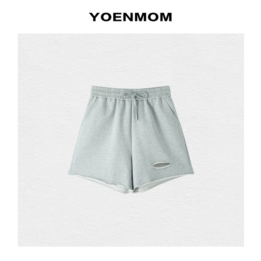YOENMOM·休闲夏日·100棉简约立裁高腰抽绳磨毛卷边休闲百搭短裤