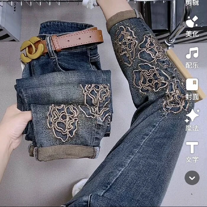 （无腰带）5319#刺绣烫钻微垮牛仔裤