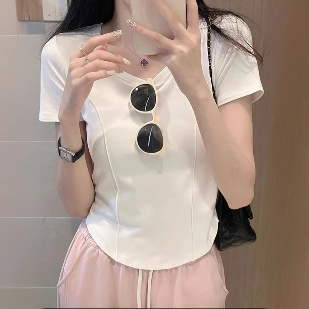 拉夏贝尔白色正肩短袖t恤女夏季人棉打底半袖短款不规则收腰显瘦