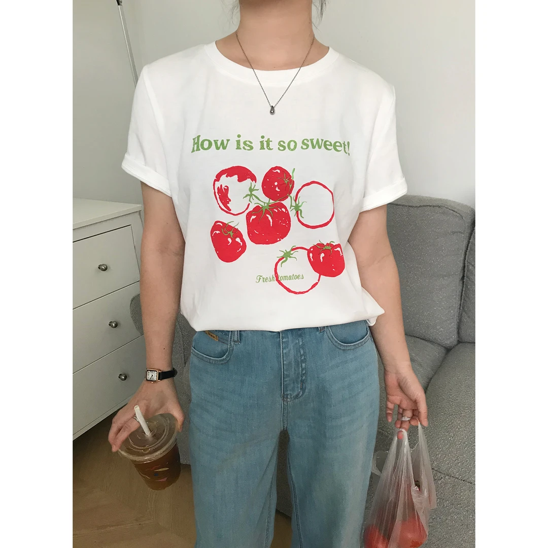 暮奈小个子150CM番茄T恤女夏季薄款圆领印花休闲宽松圆领短袖