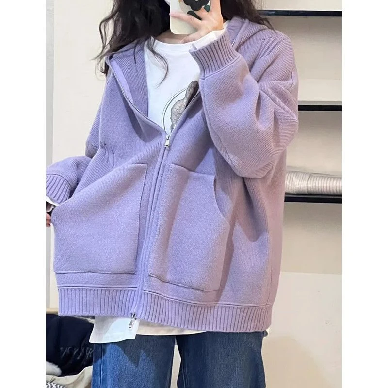 大码紫色拉链毛衣连帽卫衣女秋冬胖mm300斤慵懒风宽松针织衫外套