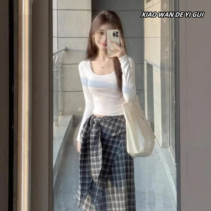 设计感小众纯棉方领长袖t恤女春秋内搭短款打底衫辣妹保暖上衣ins