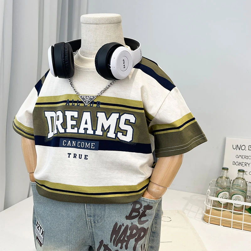 男童条纹短袖T恤2025夏季新款薄款帅气上衣儿童宝宝宽松百搭衣服