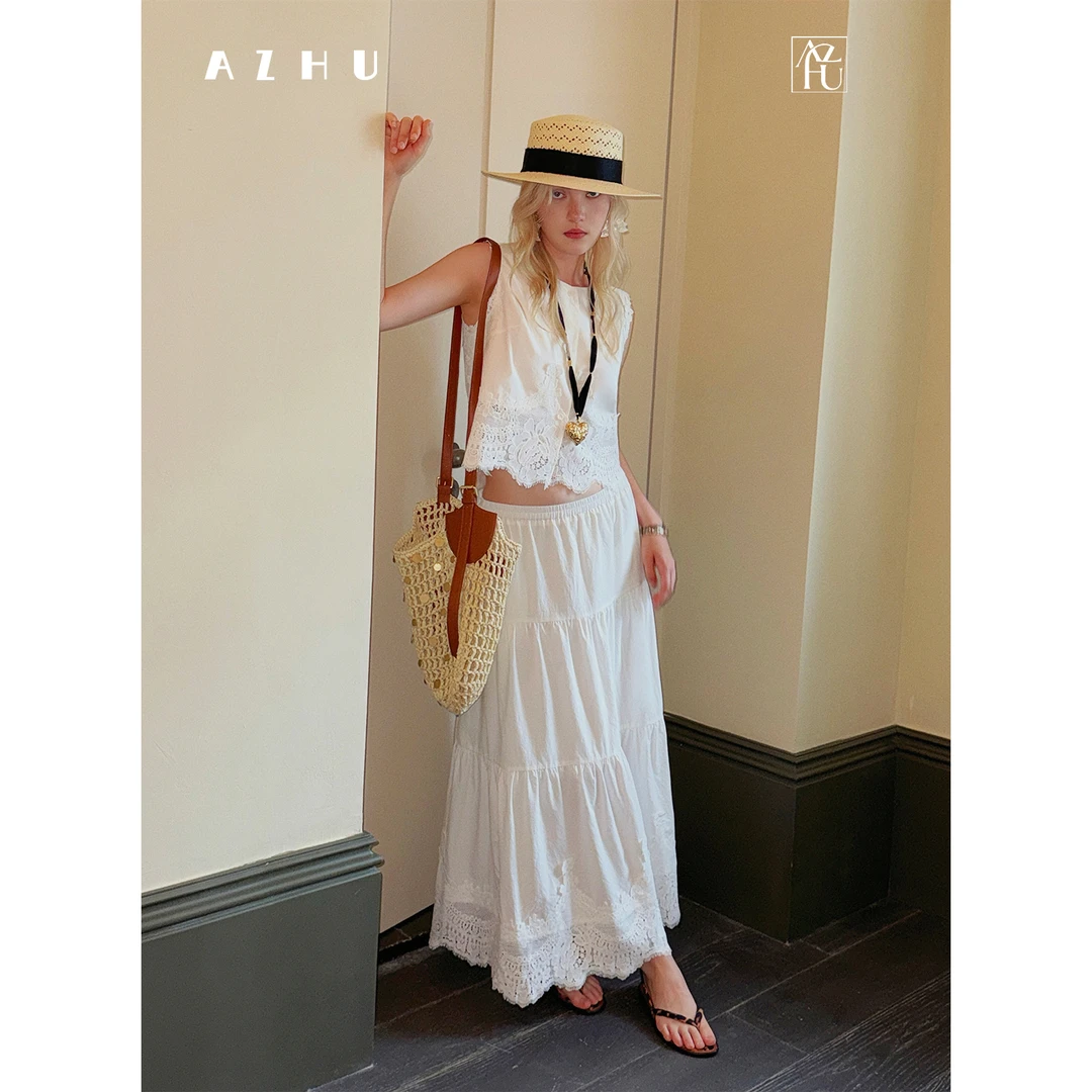 AZHU法式优雅镂空刺绣马甲半裙套装女背心上衣白色长裙长裤三件套