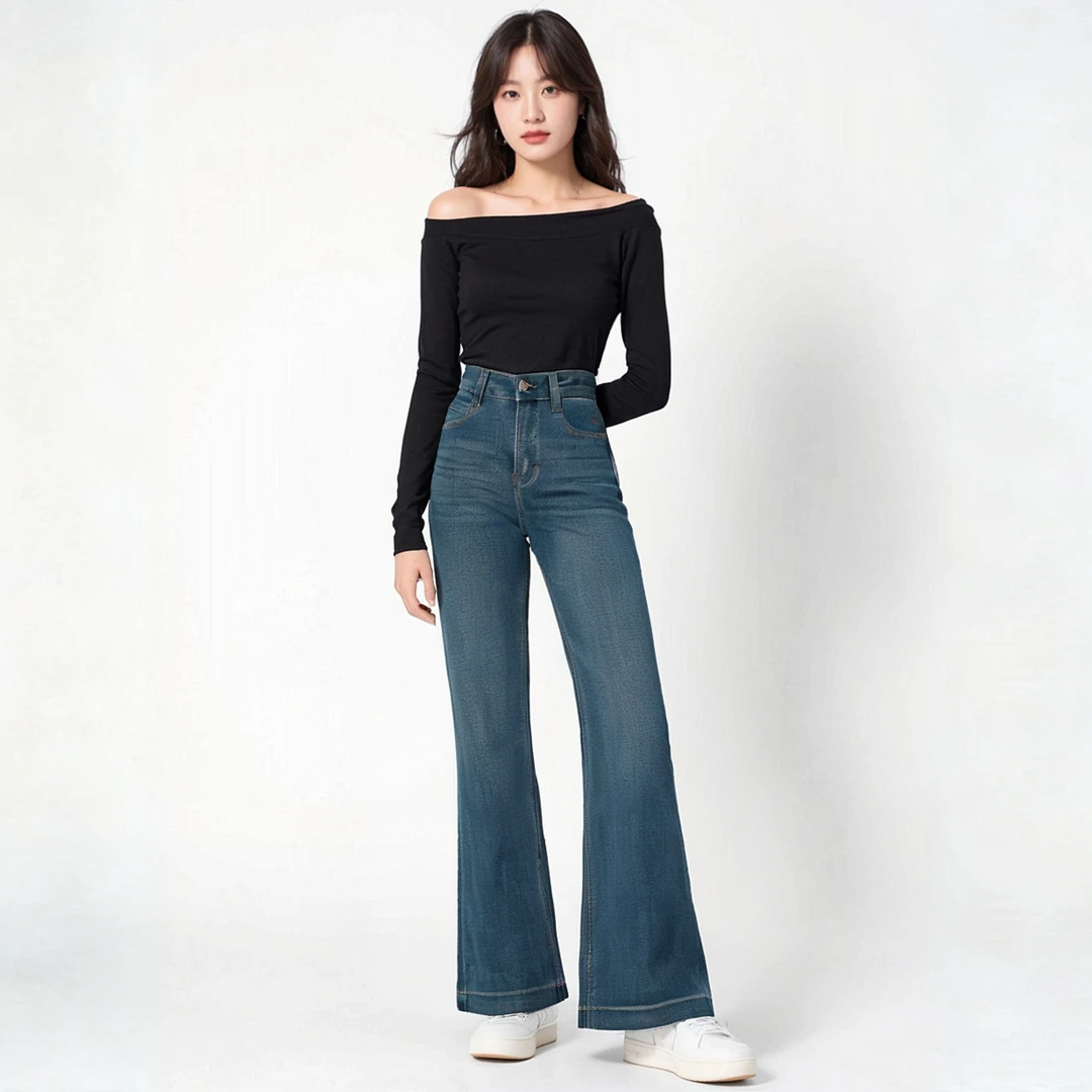 秋季新款玛瑙绿微喇时尚显高显瘦中高腰收腹百搭牛仔裤女喇叭裤