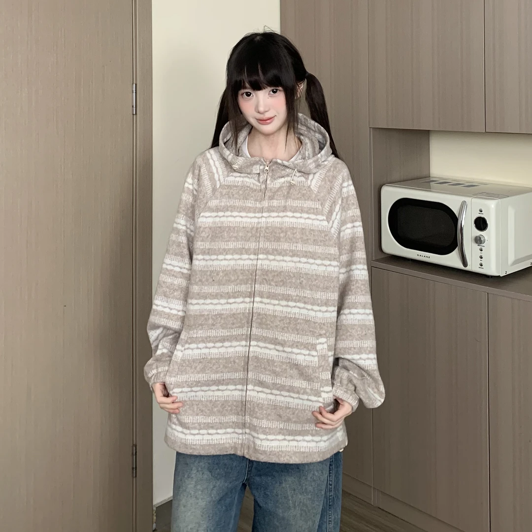 TOM潮 美式学院风针织条纹拼接开衫连帽宽松短外套秋季氛围感宽松