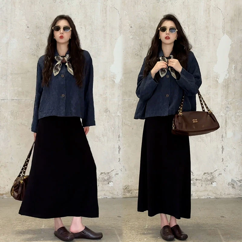 2025秋季新款英伦风高级时尚洋气宽松长袖开衫女休闲半身裙两件套