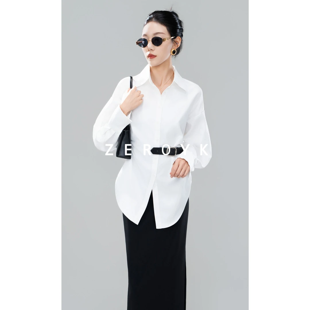 ZEROYK轻熟简约白色衬衣女2025秋设计感收腰立裁洋气百搭长袖上衣