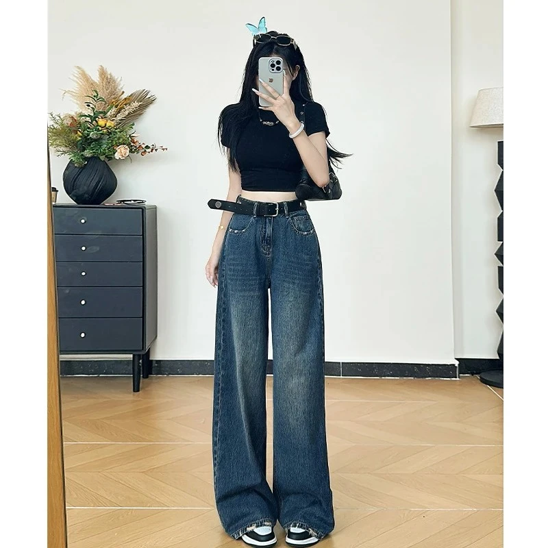 7598 Q大牌刺绣磨边工艺复古高腰阔腿牛仔裤女宽松百搭直筒裤子