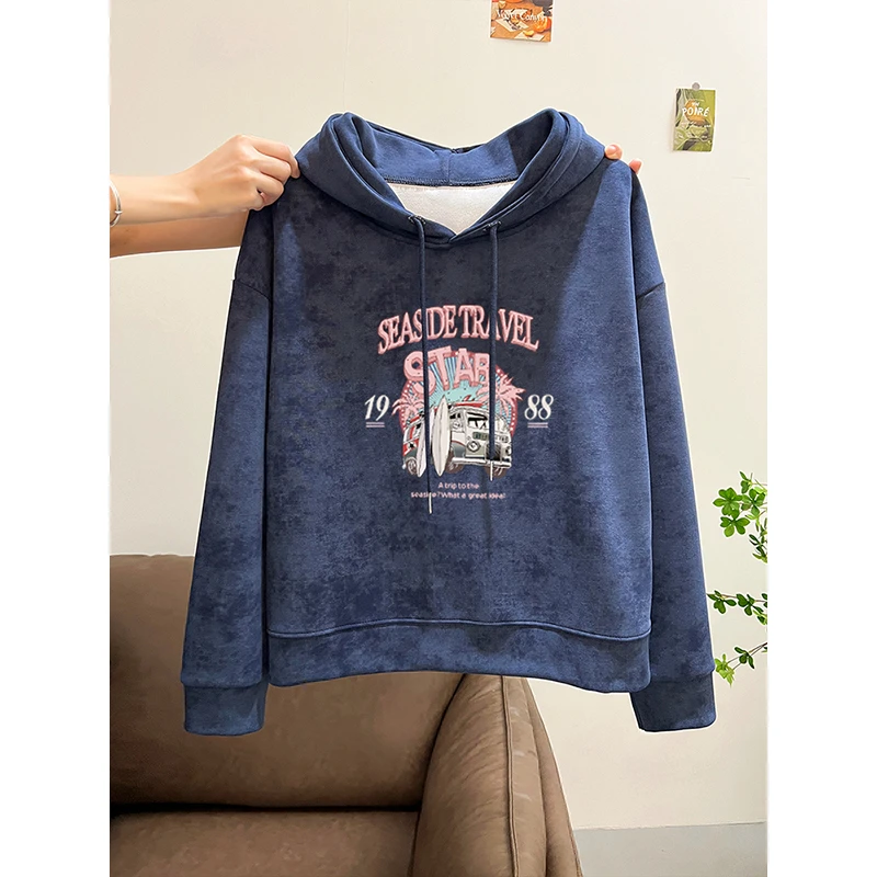 美式复古扎染连帽卫衣女秋冬季短款高腰显瘦宽松慵懒风上衣外套潮