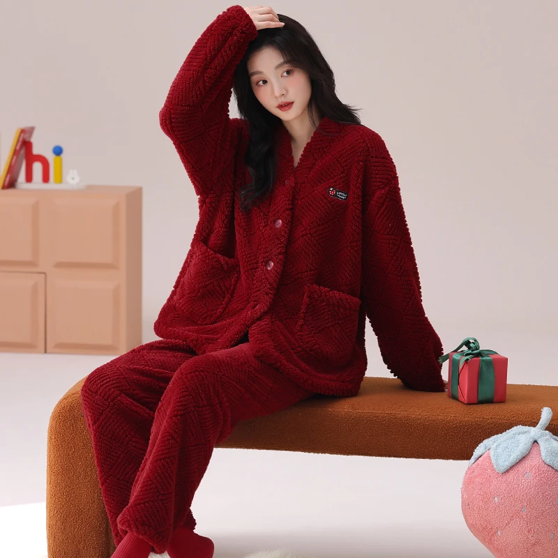 芬腾可安珊瑚绒女士睡衣冬季保暖加厚长袖学生党宽松版红色本命年