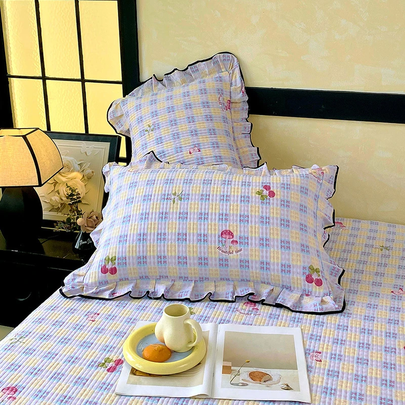 a类公主风双层纱棉麻夹棉枕套一对装加厚48x74cm成人枕皮花边枕套