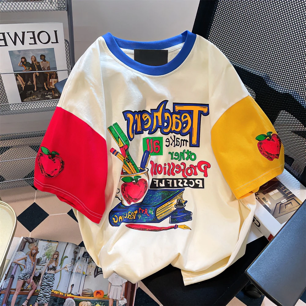 纯棉港味chic复古拼接短袖t恤男女设计感宽松大码休闲情侣上衣潮