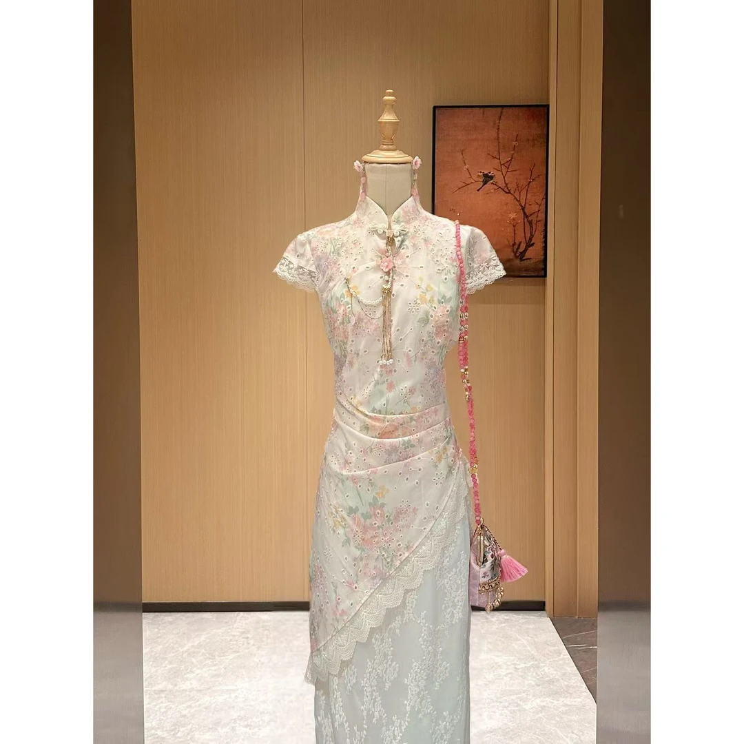 【雅乔定制】秋杏粉 镂空刺绣蕾丝拼接新中式旗袍裙DYLL-24126665