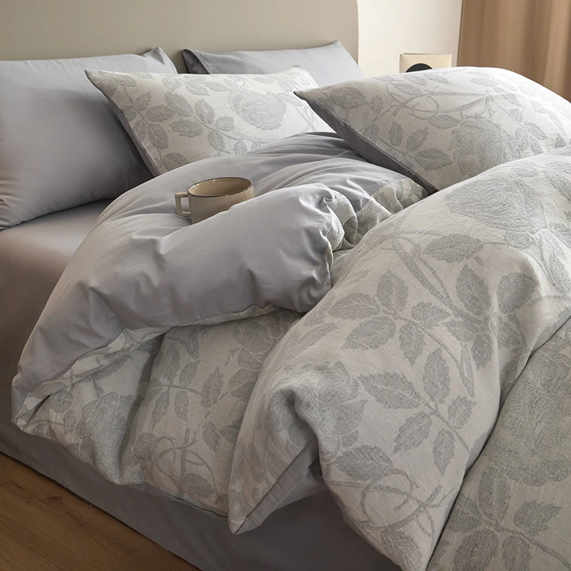 100%全棉三层纱提花四件套单双人纯棉床品套件被套罩简约四季通用