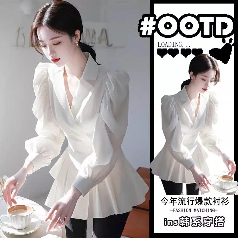 韩版高级感气质收腰衬衣2025春秋季新款设计感简约纯色衬衫上衣女