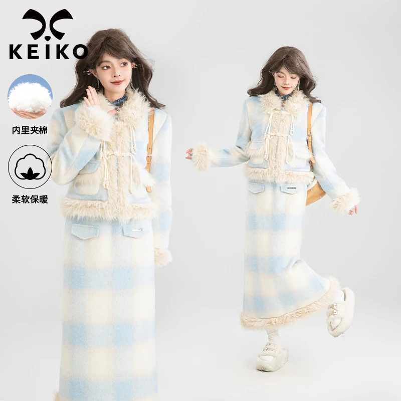 KEIKO [夹棉] 柔美蓝格子毛呢套装冬季短款长绒毛呢外套+半身裙