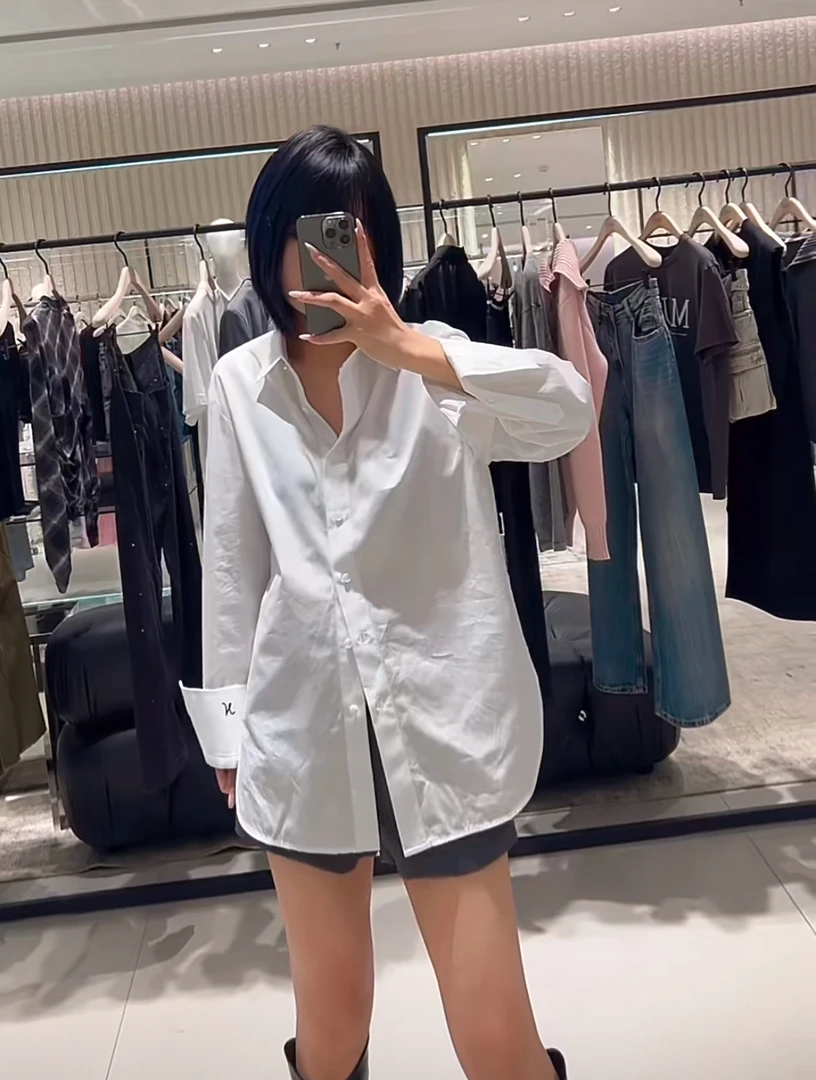MO｜刺绣2025新款翻领长袖宽松衬衫女春韩版百搭简约纯色上衣 F001