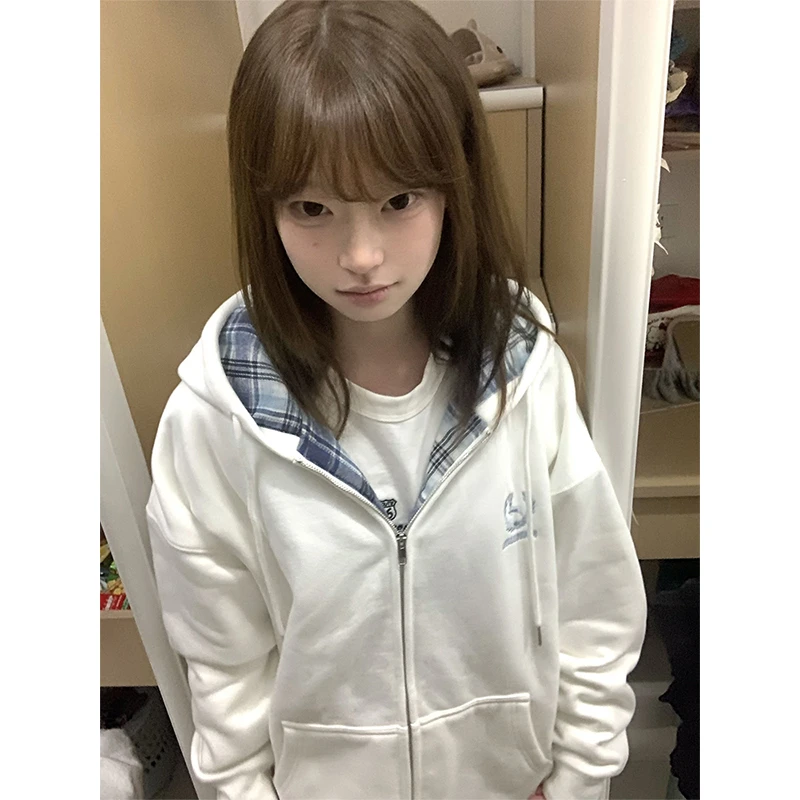 学院风格子拼接开衫外套女加绒加厚秋冬季美式设计感宽松连帽卫衣