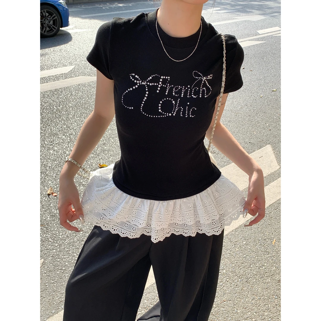 2025大码胖MM夏季新款蝴蝶结烫钻花边短袖T恤修身显瘦正肩上衣