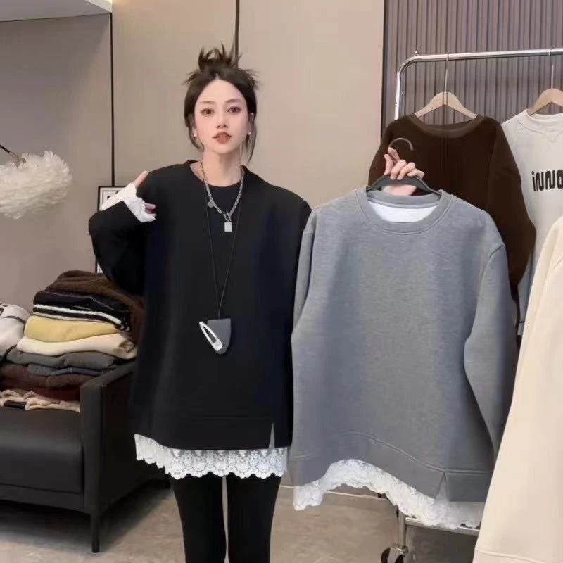 D3182 休闲百搭高级感拼接蕾丝宽松假两件卫衣