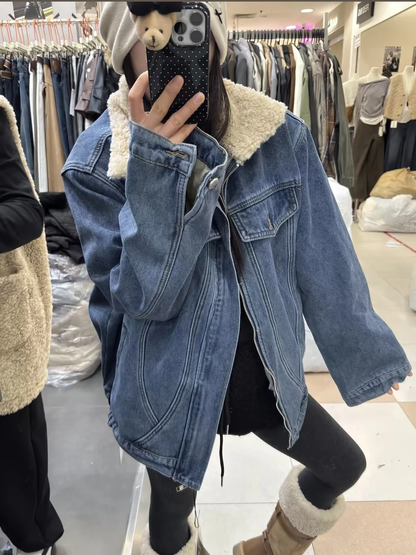 韩系复古拼接毛领加绒牛仔夹克女冬季新款宽松加厚保暖中长款外套