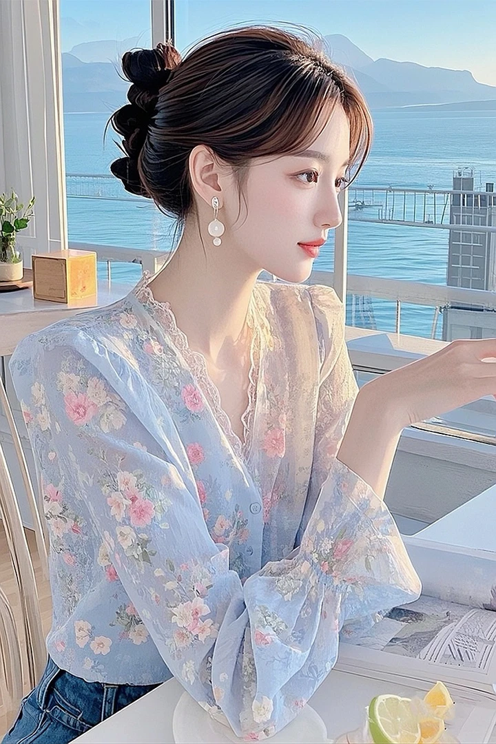2025超火蓝色蕾丝边碎花雪纺衬衫女早春新款法式独特绝美收腰衬衣