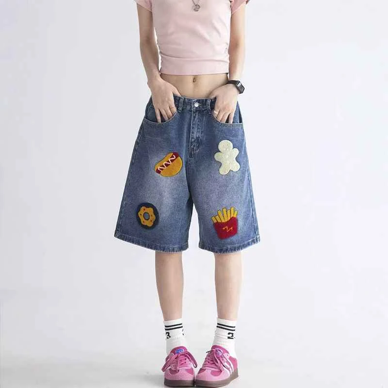 2025潮牌毛巾绣牛仔短裤男夏季宽松休闲直筒裤百搭水洗五分裤