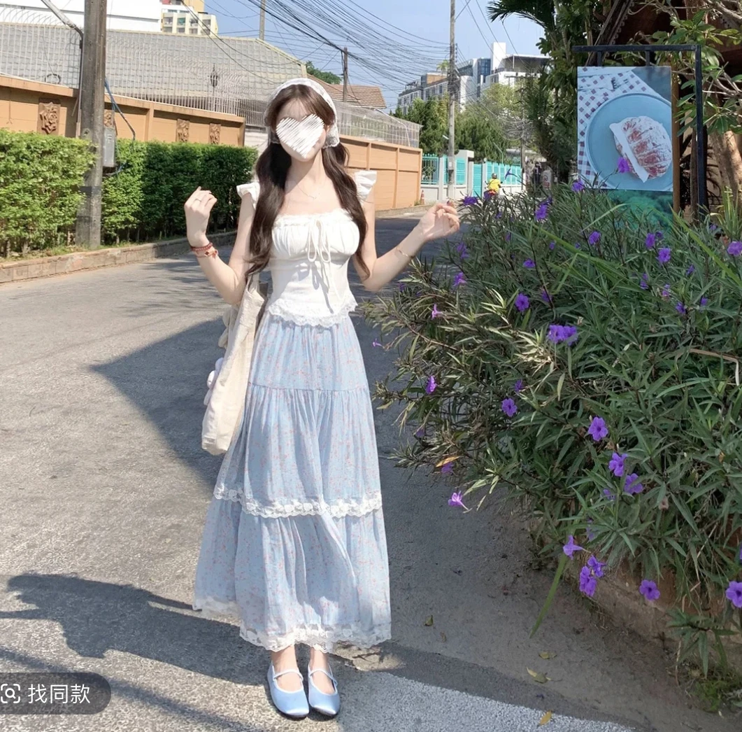 【春日铃兰】蕾丝拼接飞飞袖短袖上衣夏季新款蕾丝花边碎花长裙套装