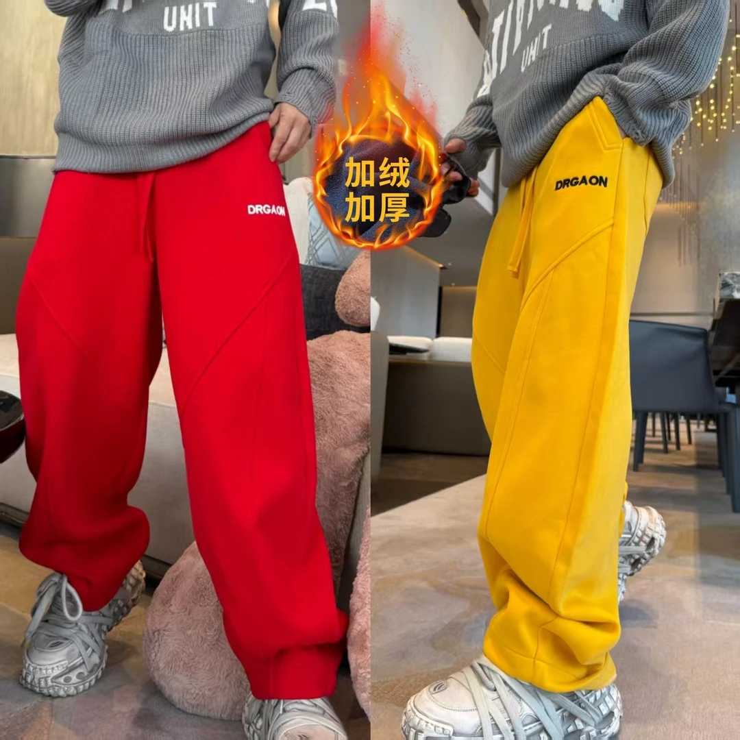 金先生秋冬款加绒加厚美式刺绣字母阔腿抽绳微绒宽松休闲弯刀卫裤