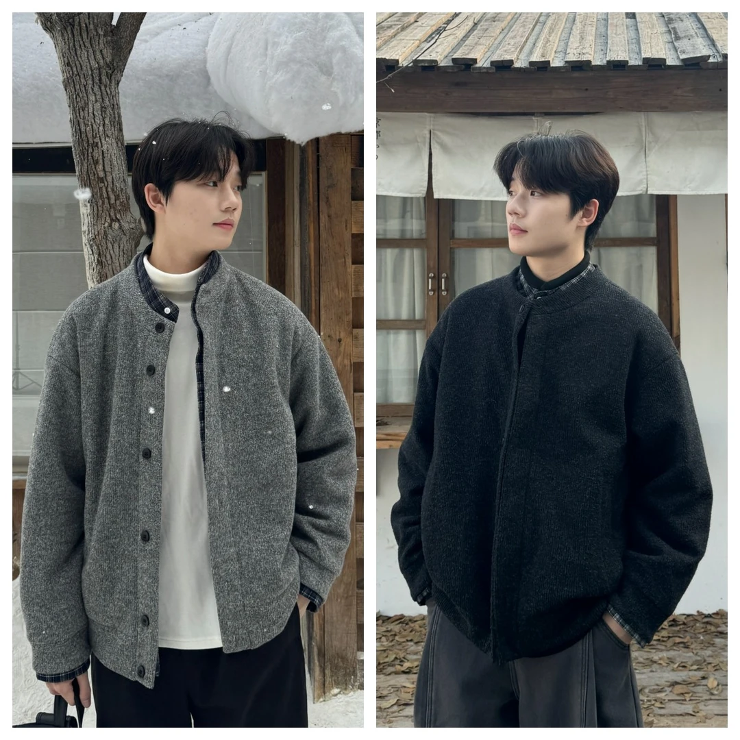 苏大恒秋冬人夫感90白鸭绒针织假两件格纹轻薄宽松百羽绒服外套