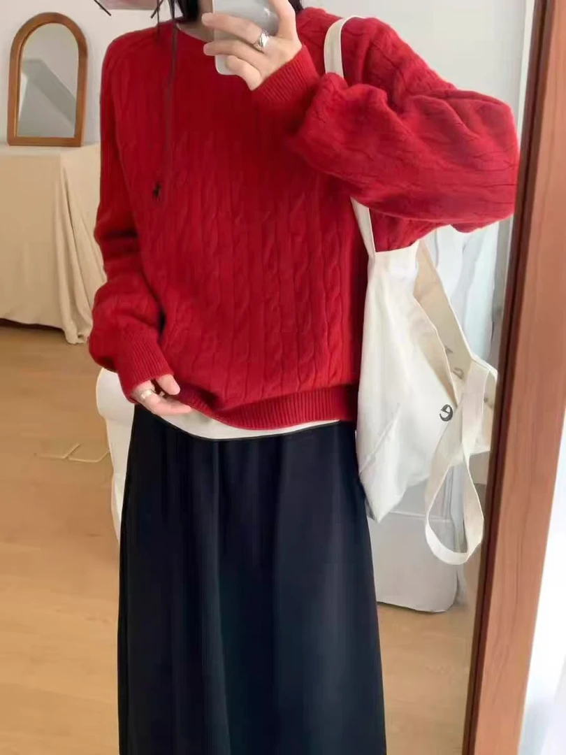 美利奴手感】刺绣小马秋冬新款韩系圆领麻花慵懒毛衣高级感套头衫