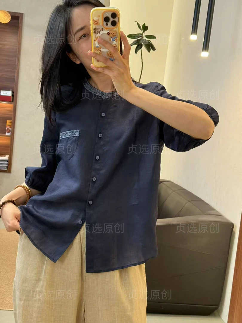50632-复古风苎麻立领衬衫夏季宽松显瘦薄款气质上衣