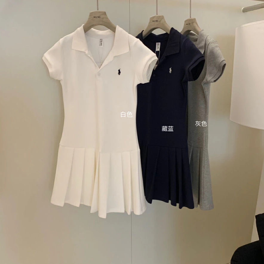 新款简约风小马刺绣百褶polo连衣裙休闲运动网球裙连衣裙