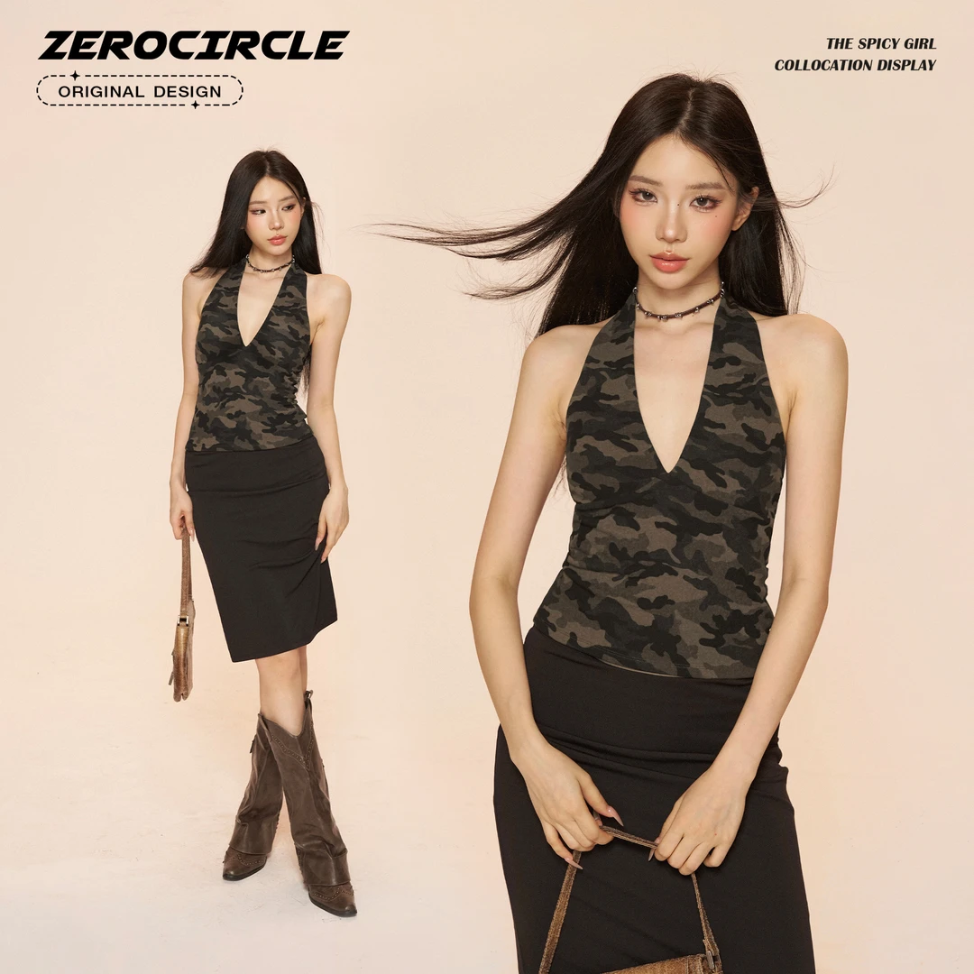 野生zerocircle迷彩背心吊带女夏V领挂脖露背辣妹外穿无袖上衣