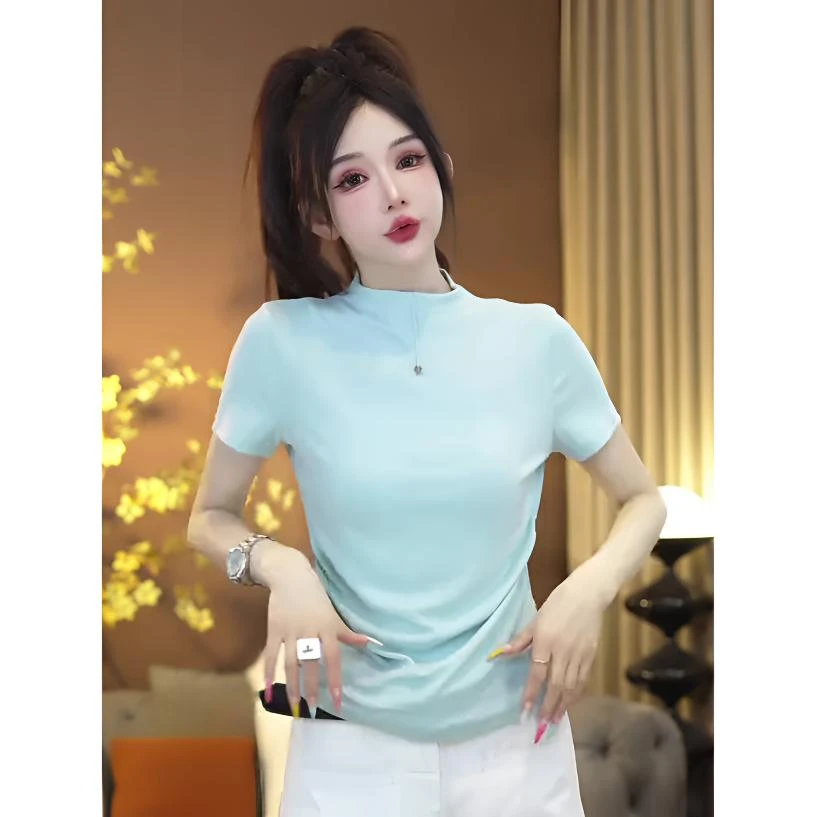 2025夏季新款立领T恤女设计感时尚百搭休闲气质修身显瘦短袖上衣