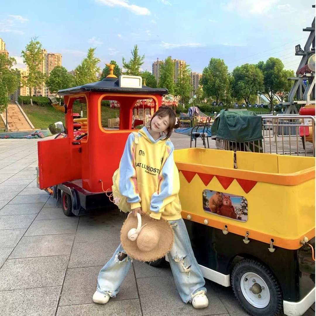 FAVMARTHA美式覆古oversize撞色连帽运动衫女秋冬加绒加厚松弛感