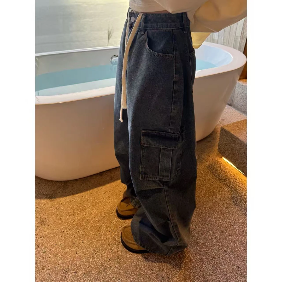 【陈碗饭】口袋工装牛仔裤休闲阔腿裤长裤秋季水洗136