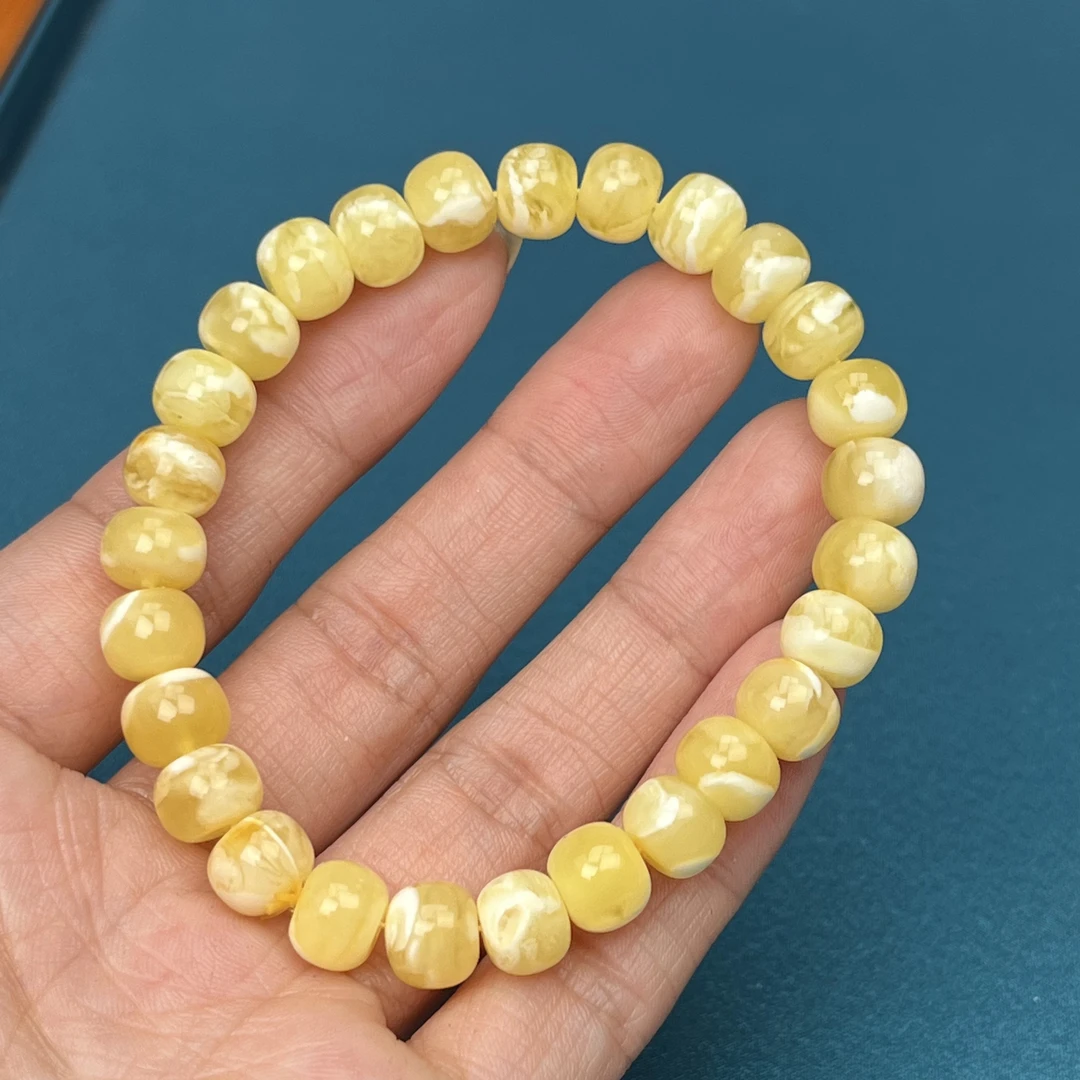 Y4737天然原矿蜜蜡 鸡油黄白花手串 8+mm抖音基地质检发货