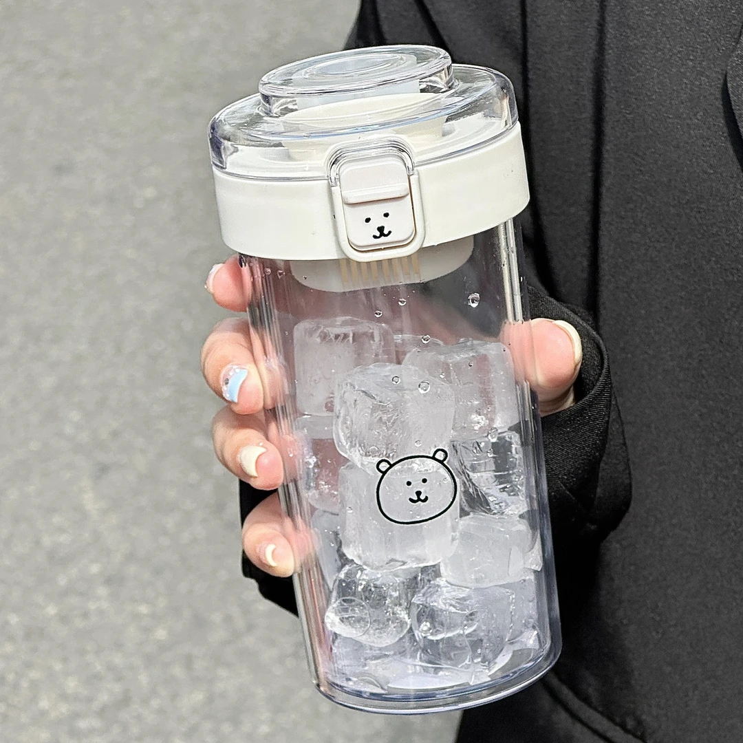 自嘲熊水杯简约ins女生便携小巧直饮杯带茶隔夏季学生透明塑料杯