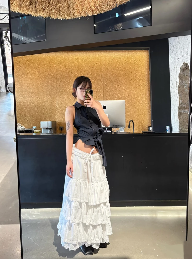 25s卷边腰头叠层褶皱蛋糕裙长款半身裙女