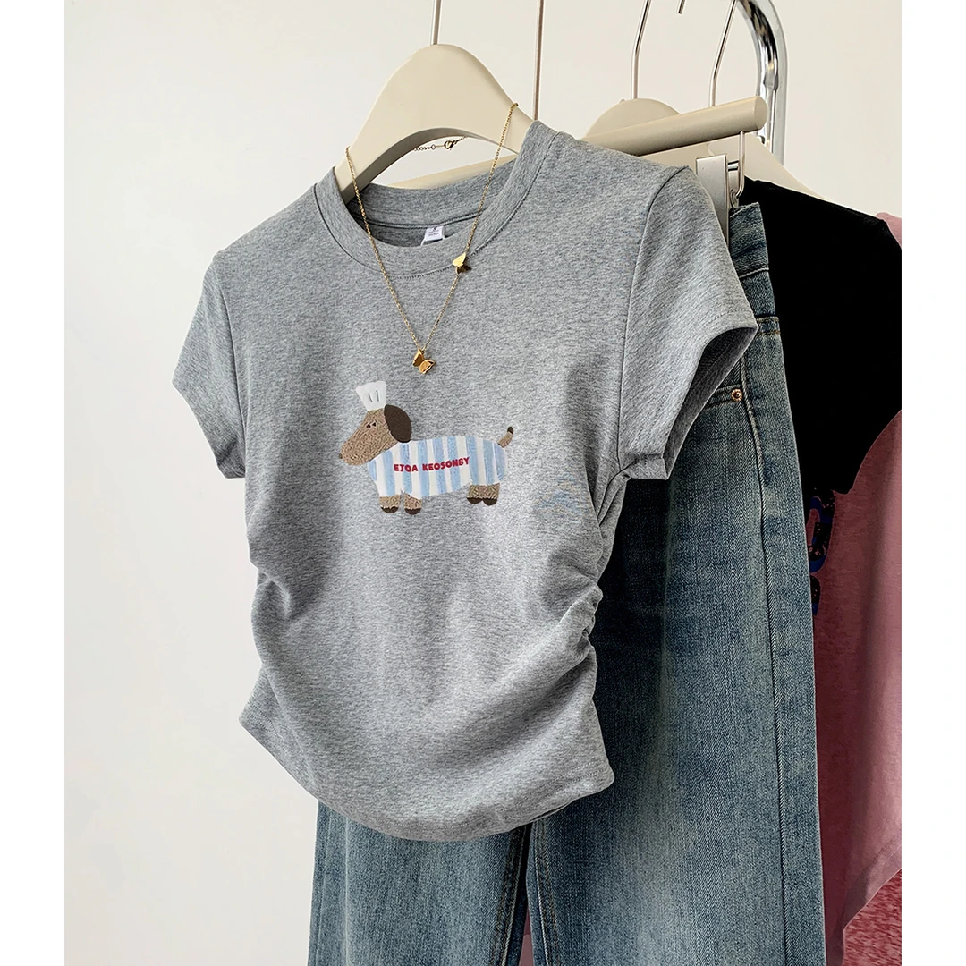 夏季2025新款圆领短袖T恤女褶皱设计感正肩体恤洋气修身显瘦上衣