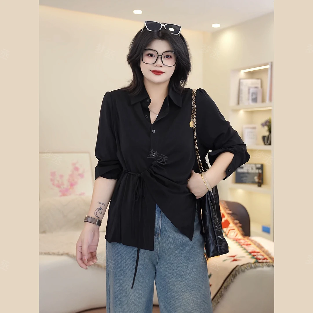 梦丞-尚百搭纯色冬季柔软宽松大码女装遮肉显瘦时系带长袖衬衫