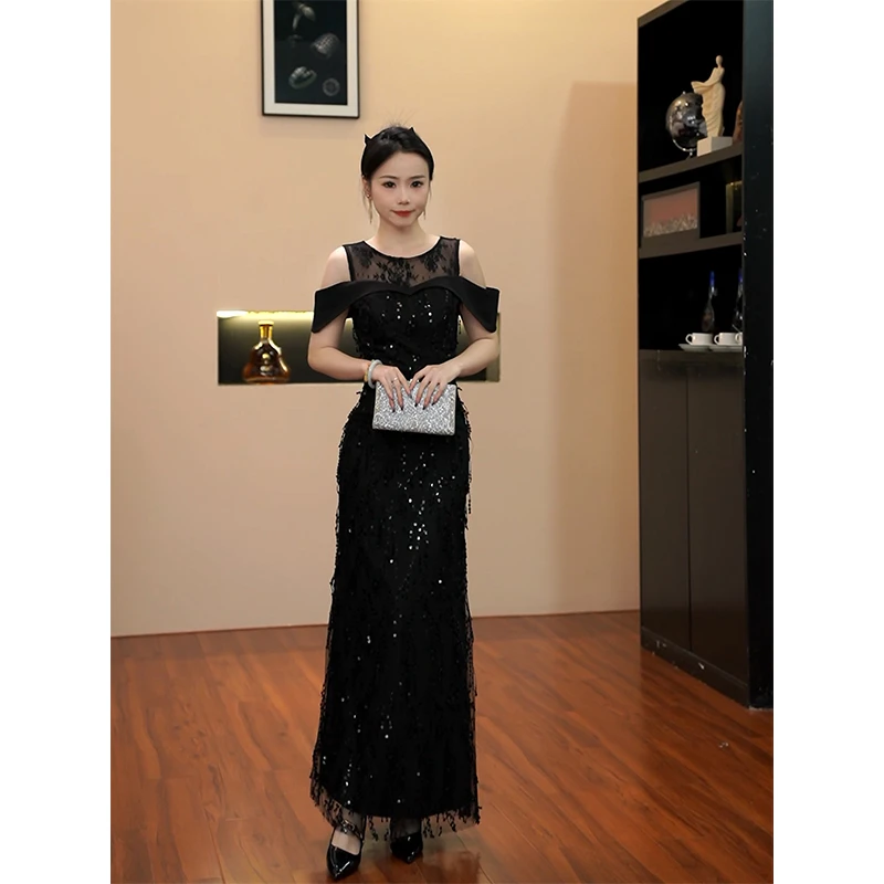 3198法式轻奢蕾丝露肩亮片收腰显瘦连衣裙女