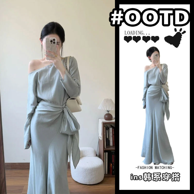 蓝色套装女开春新款穿搭2025款露肩气质上衣系带半身裙显瘦两件套