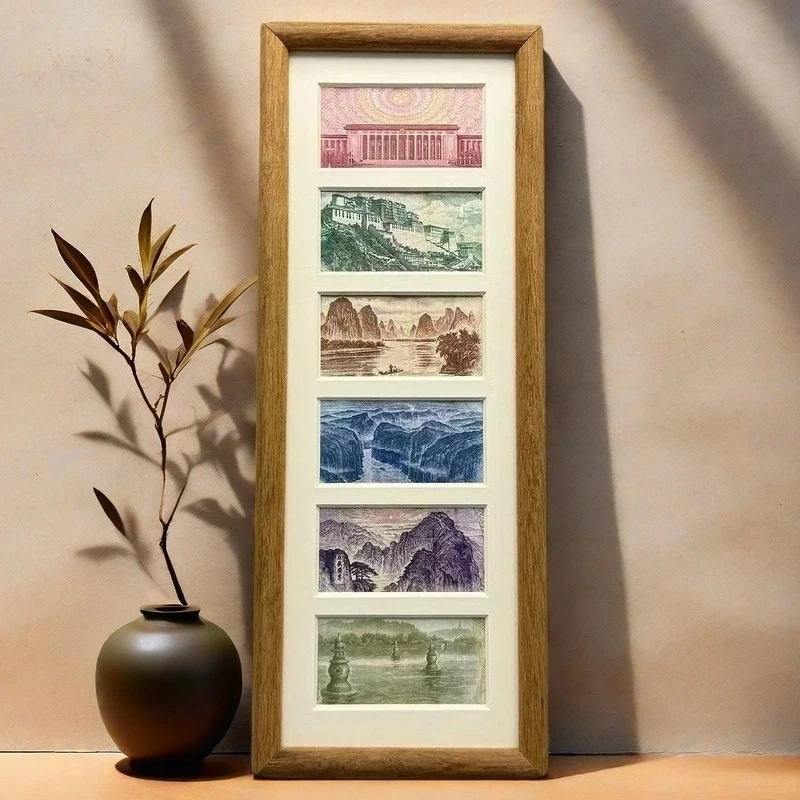 多金画框玄关摆台六连框钱币字画胡桃色相框钱币立式装饰画摆件