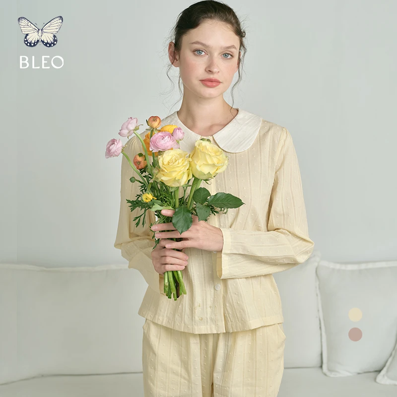 BLEO2025春夏新品全棉提花娃娃领开襟长袖睡衣套装当代家居服