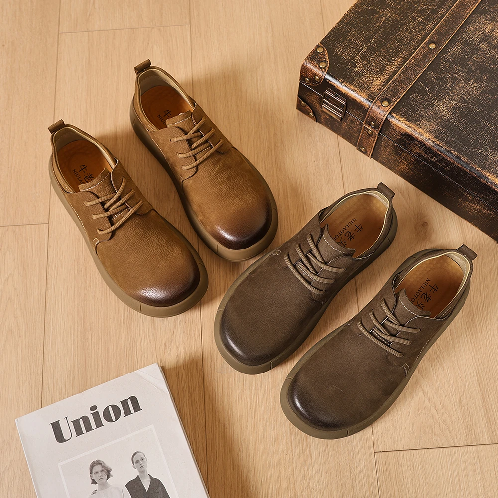 头层牛皮男鞋牛筋底真皮软底休闲单鞋圆头透气宽胖脚大头皮鞋男款