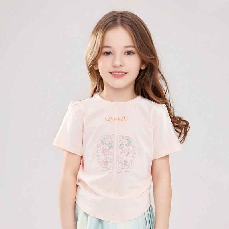 DEESHA/笛莎t恤女童夏季新款大童儿童国风新中式洋气时尚短袖上衣